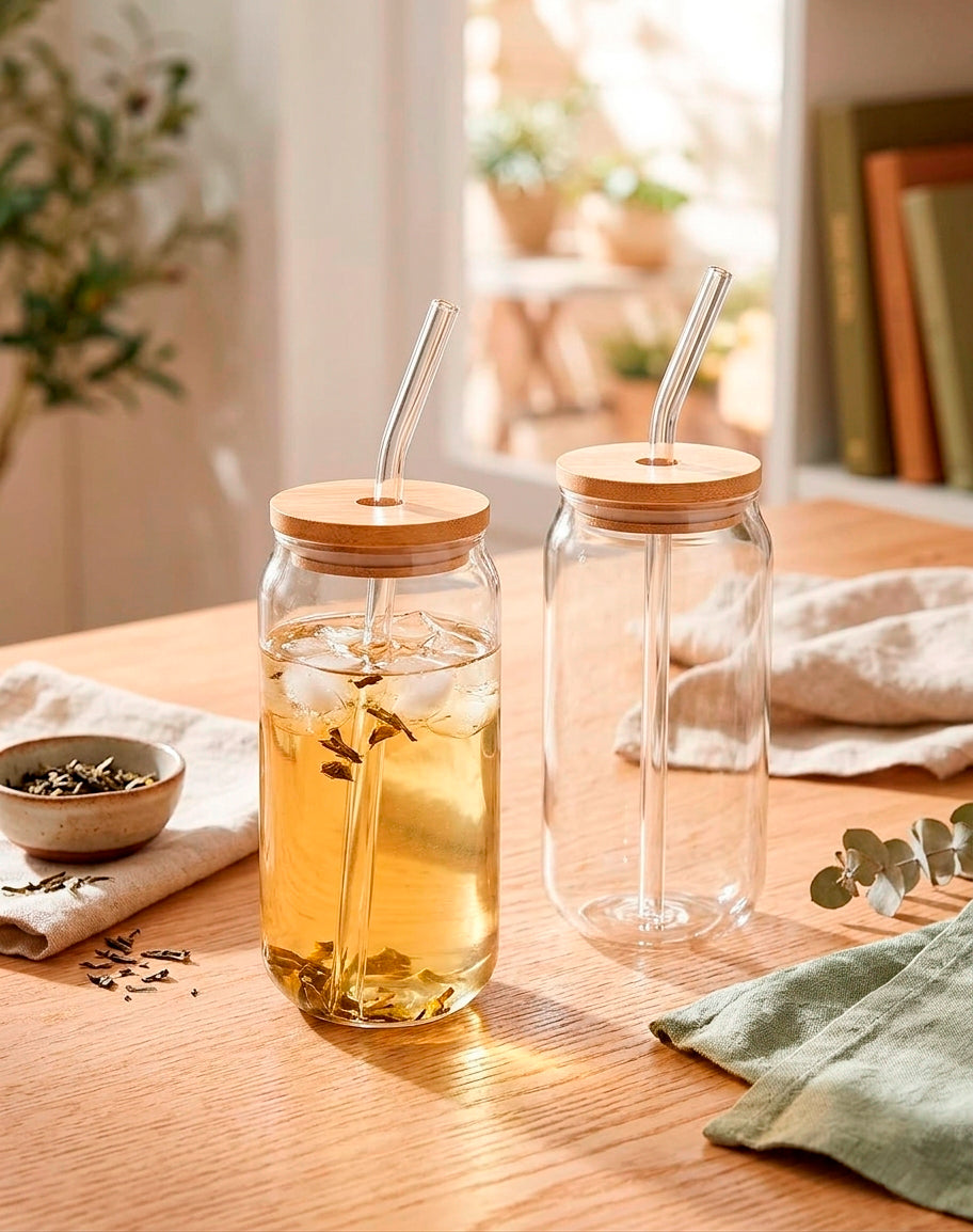 Vaso de vidrio con tapa de bambú 500ml