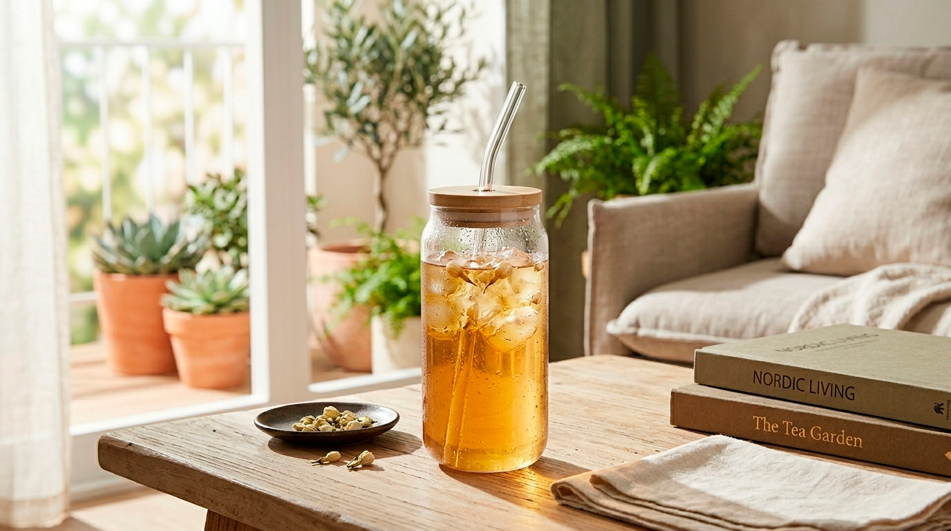 Vaso de vidrio con tapa de bambú